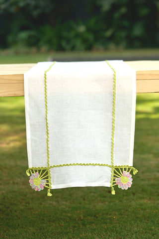 Embroidered & Crochet Linen Runner 16.5×67 in