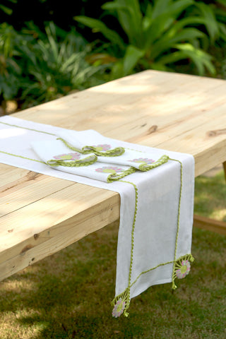 Embroidered & Crochet Linen Runner 16.5×67 in