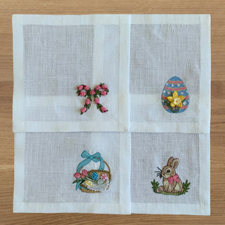 Hand Embroidered Easter Bunny Cocktail Napkins 6" x 6" (Set of 4)