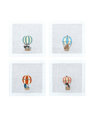 Hand Embroidered Balloon Safari Cocktail Napkins 6" x 6" (Set of 4)