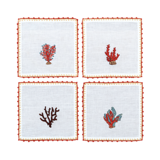 Hand Embroidered Coral Crest Cocktail Napkins 6" x 6" (Set of 4)