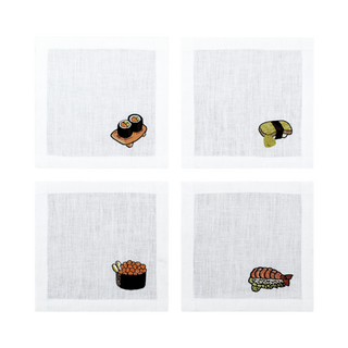 Hand Embroidered Sushi Cocktail Napkins 6" x 6" (Set of 4)