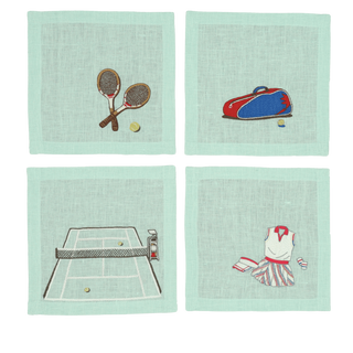 Hand Embroidered Tennis Cocktail Napkins 6" x 6" (Set of 4)