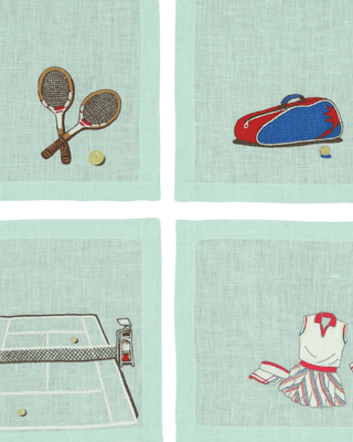Hand Embroidered Tennis Cocktail Napkins 6" x 6" (Set of 4)