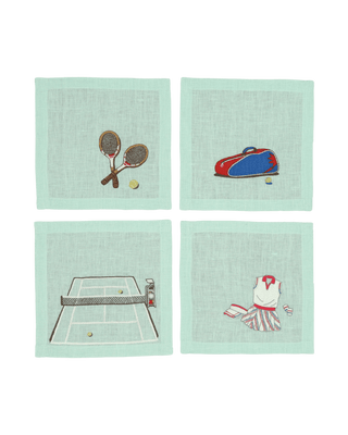 Hand Embroidered Tennis Cocktail Napkins 6" x 6" (Set of 4)