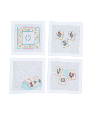 Hand Embroidered Mahjong Cocktail Napkins 6" x 6" (Set of 4)