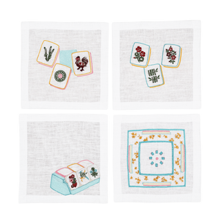 Hand Embroidered Mahjong Cocktail Napkins 6" x 6" (Set of 4)