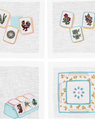 Hand Embroidered Mahjong Cocktail Napkins 6" x 6" (Set of 4)
