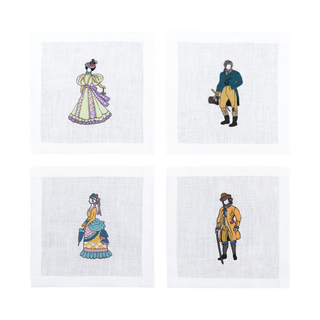 Hand Embroidered Ladies and Gentlemen Cocktail Napkins 6" x 6" (Set of 4)