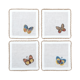 Hand Embroidered Flutter and Lace Cocktail Napkins 6" x 6" (Set of 4)