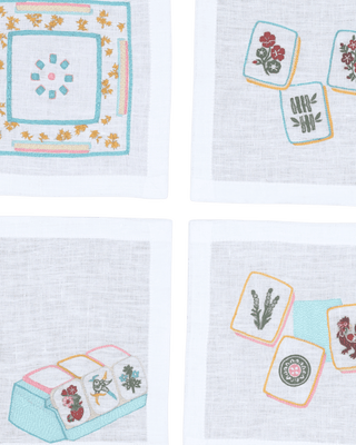 Hand Embroidered Mahjong Cocktail Napkins 6" x 6" (Set of 4)