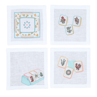 Hand Embroidered Mahjong Cocktail Napkins 6" x 6" (Set of 4)