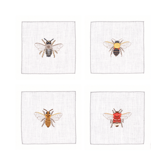 Hand Embroidered Flight of Bees Cocktail Napkins 6" x 6" (Set of 4)