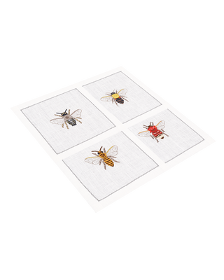 Hand Embroidered Flight of Bees Cocktail Napkins 6" x 6" (Set of 4)