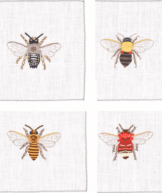 Hand Embroidered Flight of Bees Cocktail Napkins 6" x 6" (Set of 4)